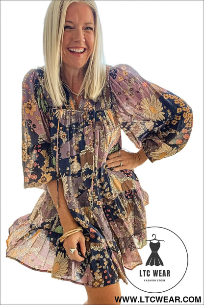 Purple Boho Floral Print Puff Sleeve Flowy Mini Dress - L.T.C Wear Online Fashion Store