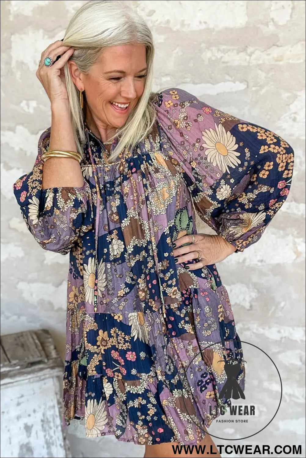 Purple Boho Floral Print Puff Sleeve Flowy Mini Dress