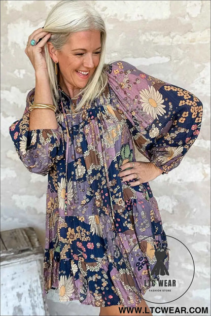 Purple Boho Floral Print Puff Sleeve Flowy Mini Dress