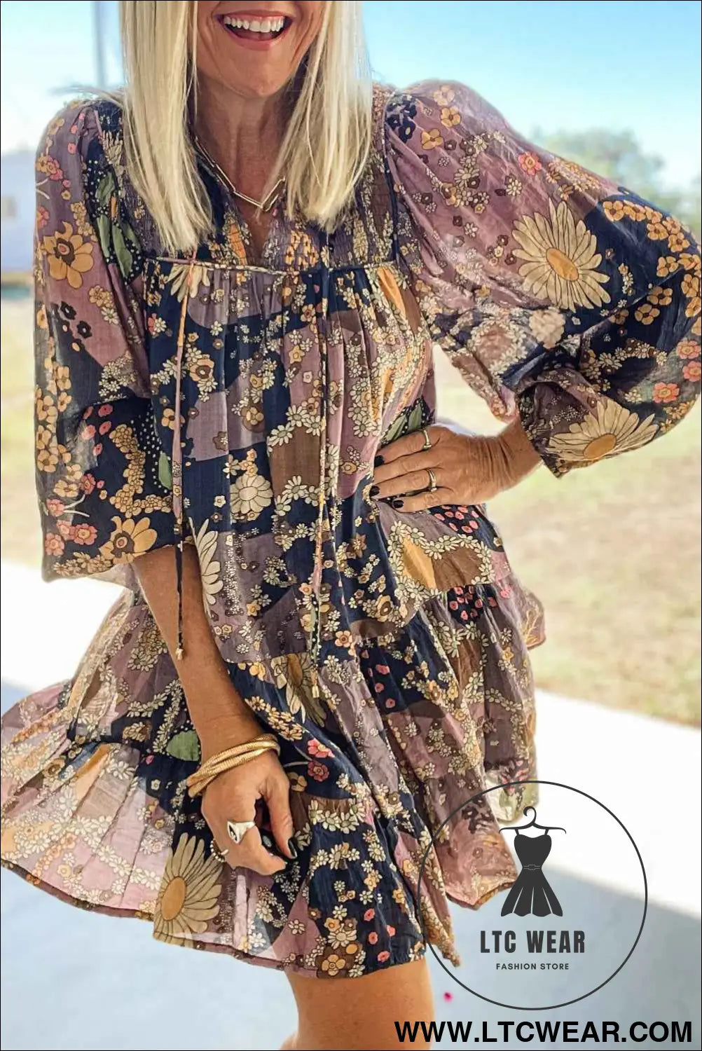 Purple Boho Floral Print Puff Sleeve Flowy Mini Dress