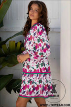 Purple Floral Contrast Striped Tiered Long Sleeve Mini Dress