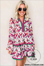 Purple Floral Contrast Striped Tiered Long Sleeve Mini Dress