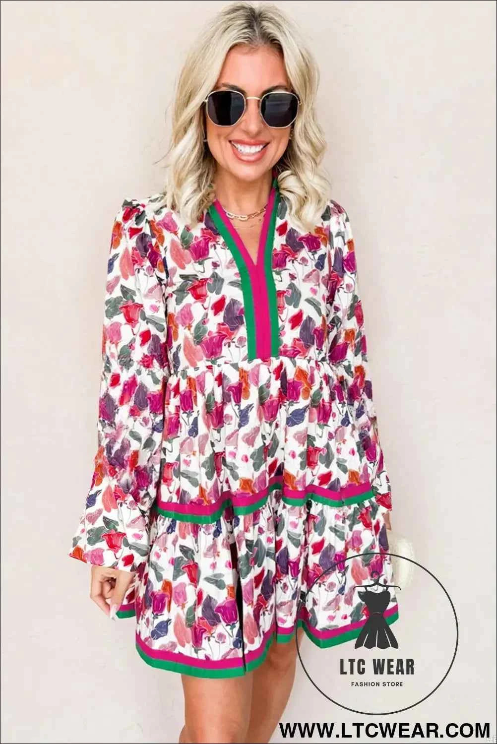Purple Floral Contrast Striped Tiered Long Sleeve Mini Dress