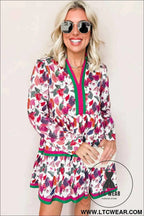 Purple Floral Contrast Striped Tiered Long Sleeve Mini Dress