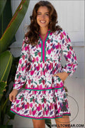 Purple Floral Contrast Striped Tiered Long Sleeve Mini Dress