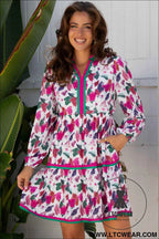 Purple Floral Contrast Striped Tiered Long Sleeve Mini Dress