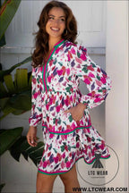 Purple Floral Contrast Striped Tiered Long Sleeve Mini Dress