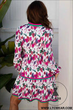 Purple Floral Contrast Striped Tiered Long Sleeve Mini Dress