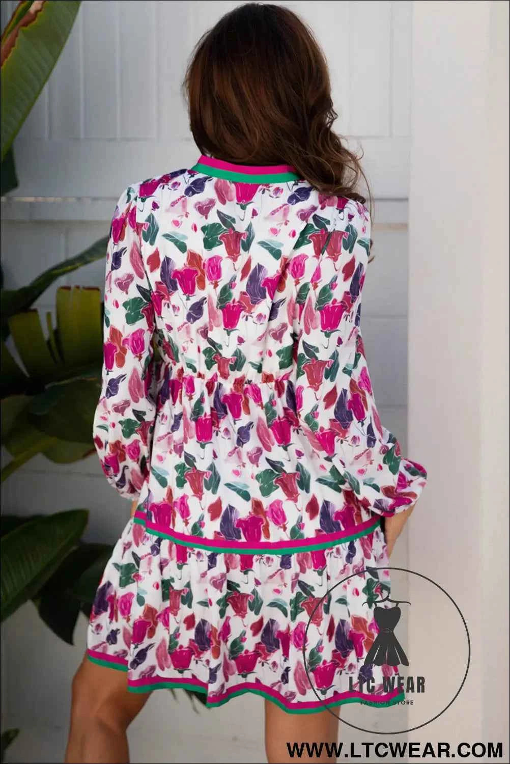 Purple Floral Contrast Striped Tiered Long Sleeve Mini Dress