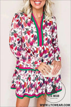 Purple Floral Contrast Striped Tiered Long Sleeve Mini Dress