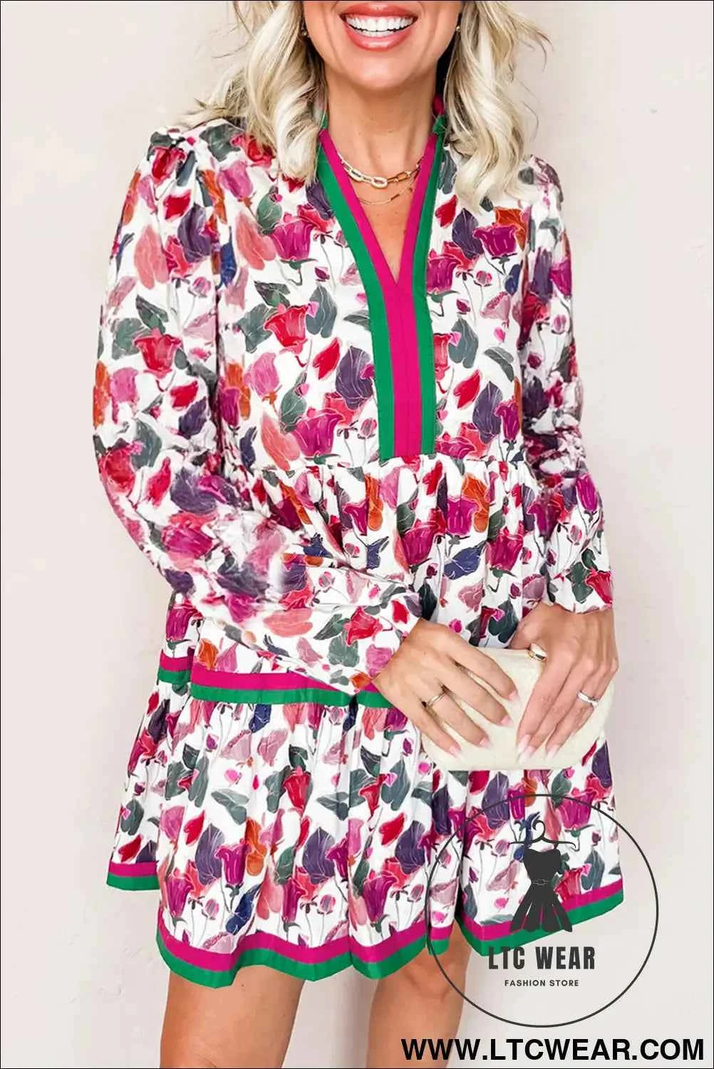 Purple Floral Contrast Striped Tiered Long Sleeve Mini Dress