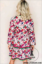 Purple Floral Contrast Striped Tiered Long Sleeve Mini Dress