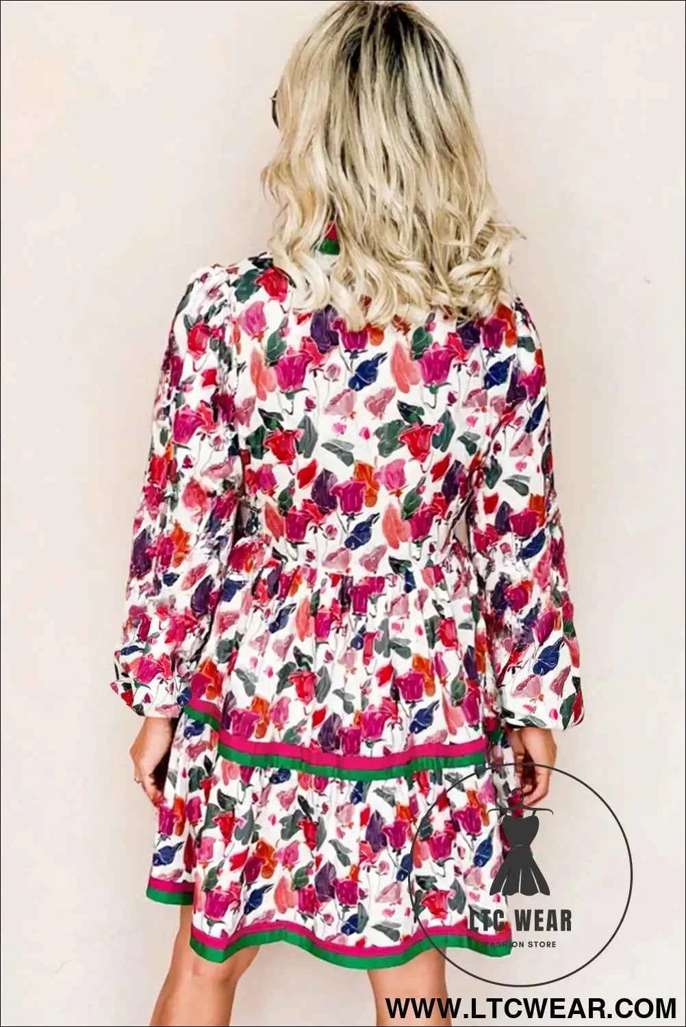 Purple Floral Contrast Striped Tiered Long Sleeve Mini Dress