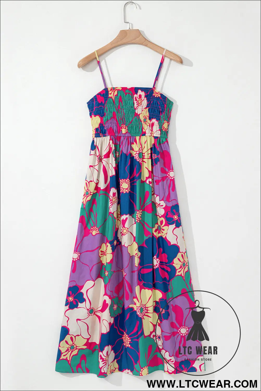 Purple floral print shirred spaghetti strap loose maxi dress - floral dresses
