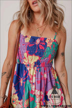 Purple Floral Print Shirred Spaghetti Strap Loose Maxi Dress