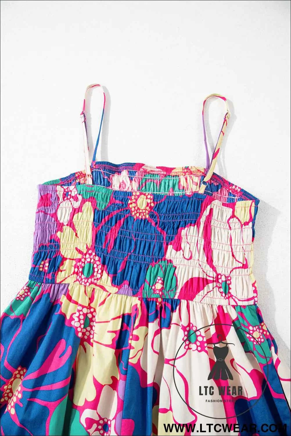 Purple Floral Print Shirred Spaghetti Strap Loose Maxi Dress