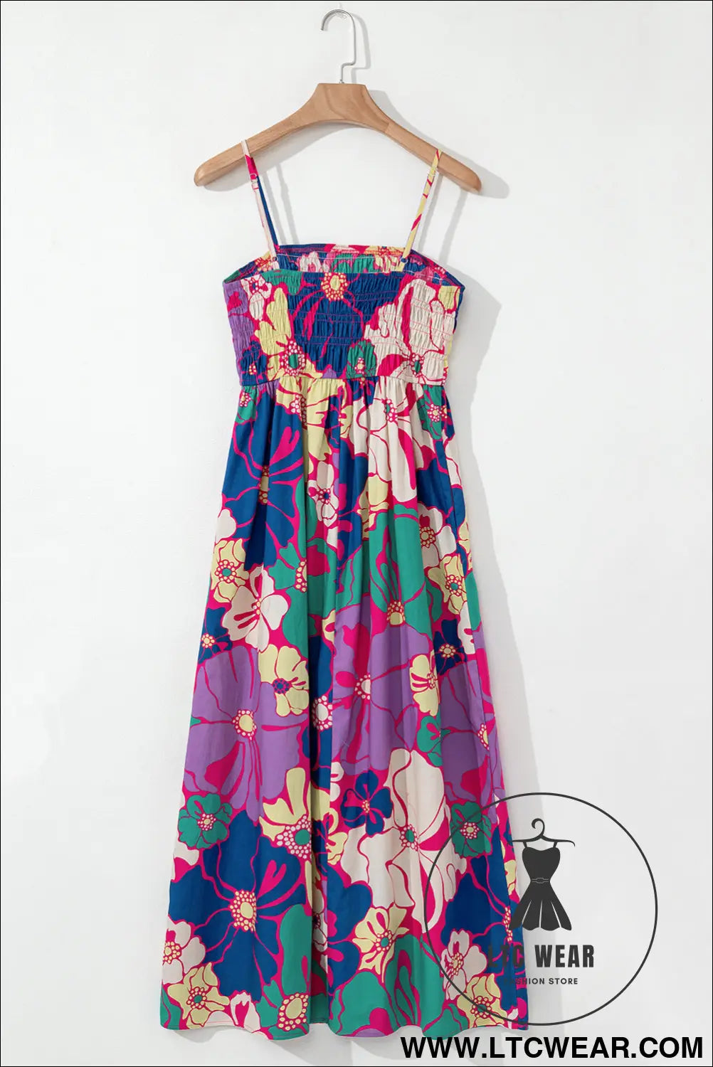 Purple floral print shirred spaghetti strap loose maxi dress - floral dresses