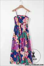 Purple floral print shirred spaghetti strap loose maxi dress - floral dresses