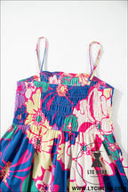 Purple floral print shirred spaghetti strap loose maxi dress - floral dresses