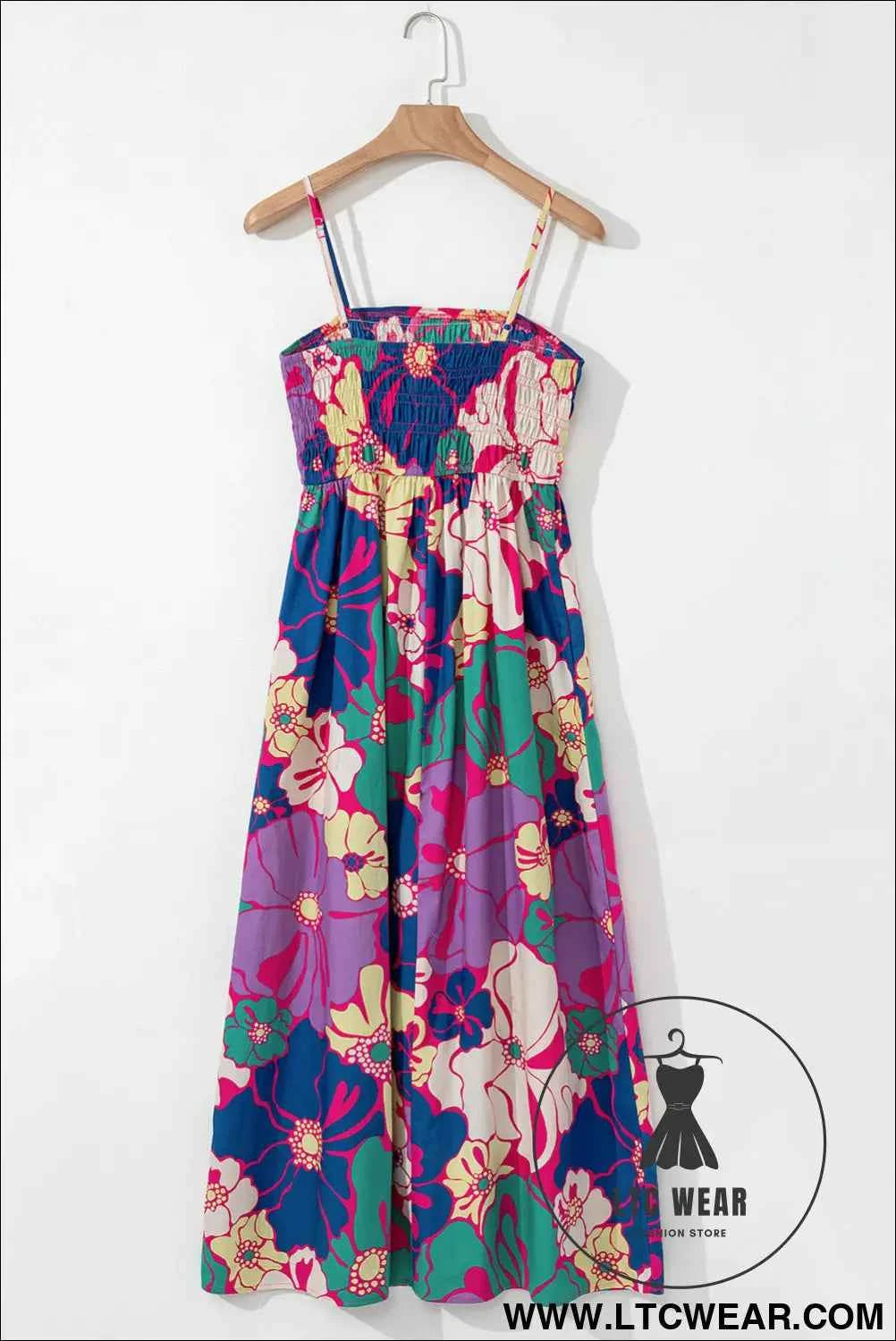 Purple Floral Print Shirred Spaghetti Strap Loose Maxi Dress