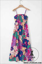 Purple Floral Print Shirred Spaghetti Strap Loose Maxi Dress