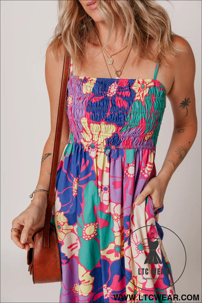 Purple floral print shirred spaghetti strap loose maxi dress - floral dresses