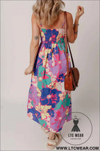 Purple Floral Print Shirred Spaghetti Strap Loose Maxi Dress