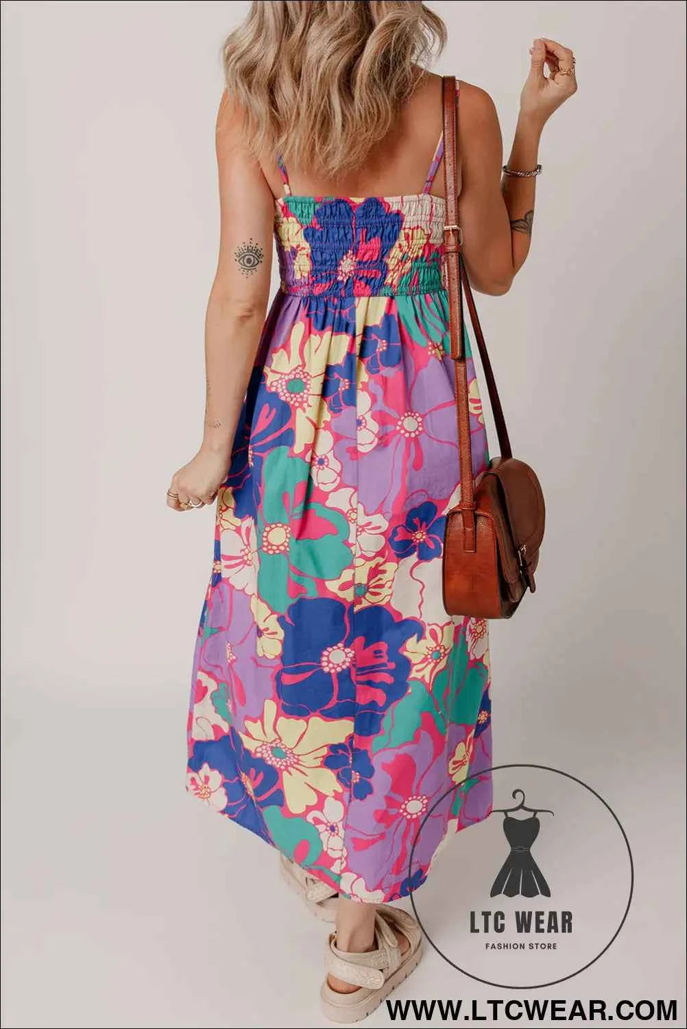 Purple Floral Print Shirred Spaghetti Strap Loose Maxi Dress