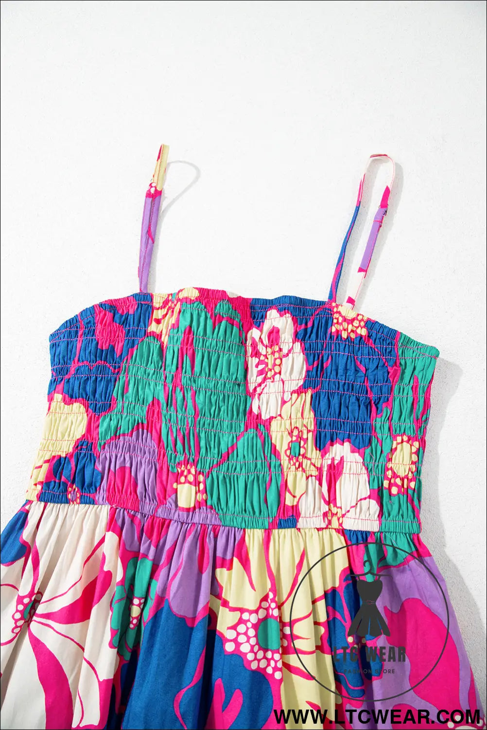Purple floral print shirred spaghetti strap loose maxi dress - floral dresses