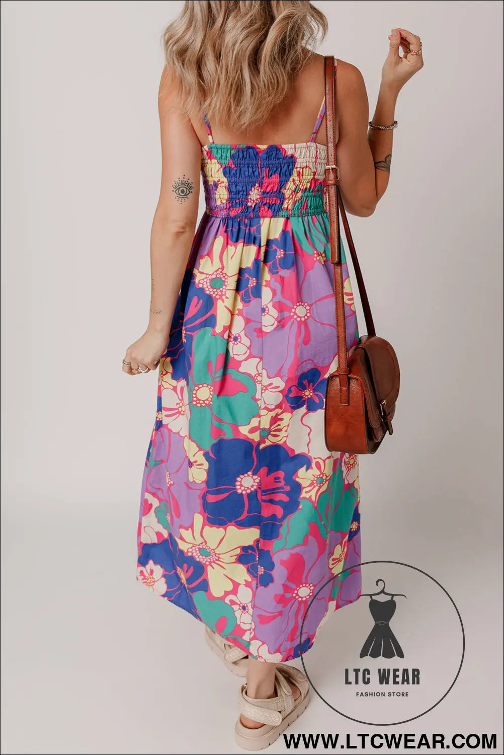Purple floral print shirred spaghetti strap loose maxi dress - floral dresses