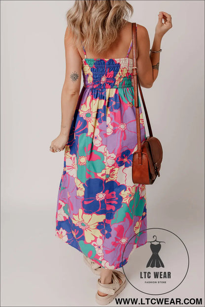 Purple floral print shirred spaghetti strap loose maxi dress - floral dresses