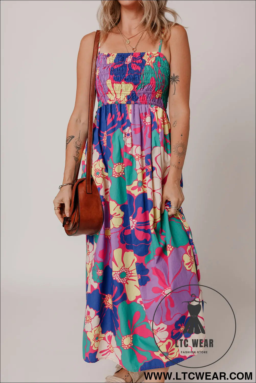 Purple floral print shirred spaghetti strap loose maxi dress - purple / l / 100% cotton - floral dresses