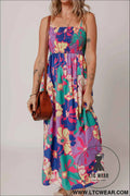 Purple Floral Print Shirred Spaghetti Strap Loose Maxi Dress