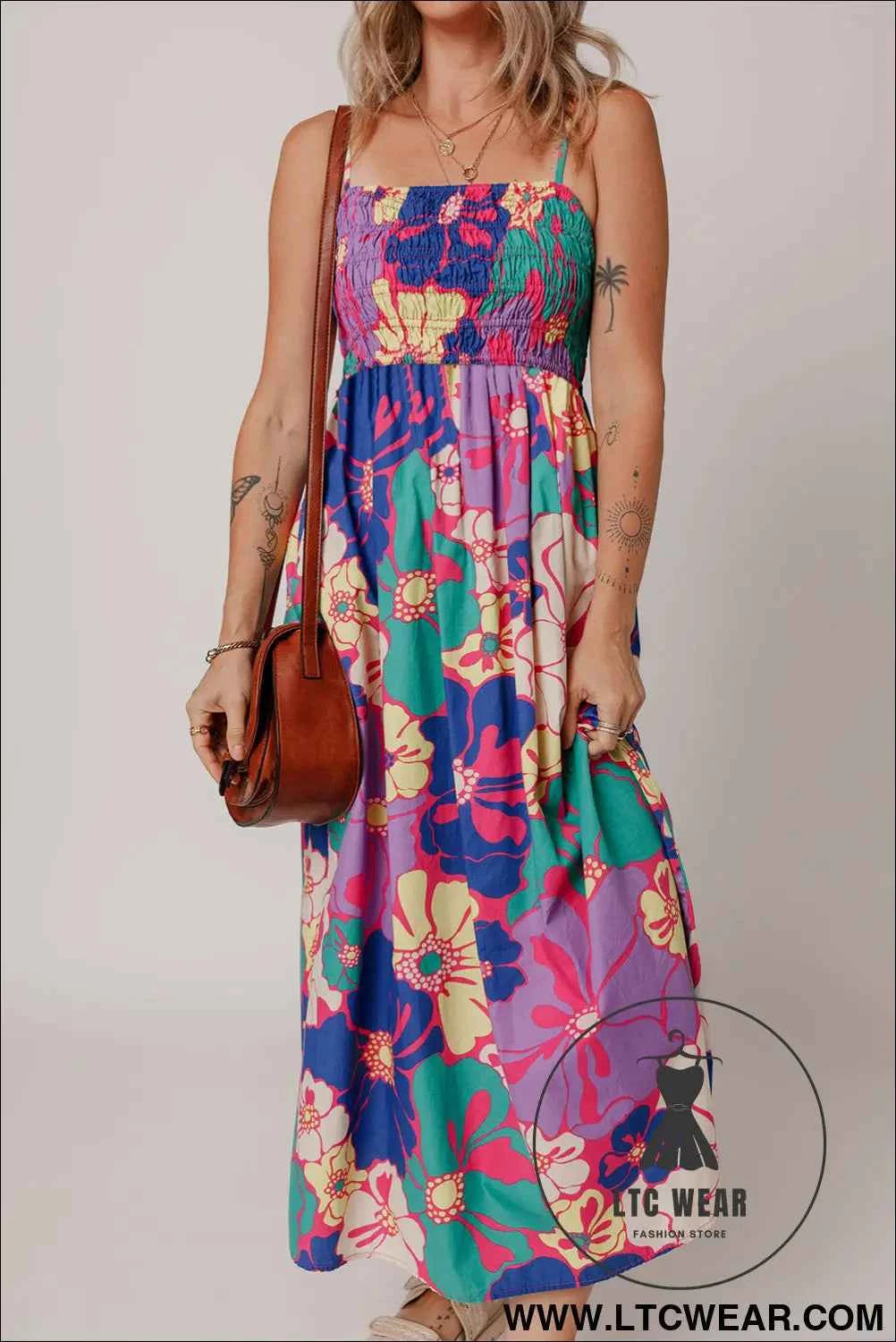 Purple Floral Print Shirred Spaghetti Strap Loose Maxi Dress