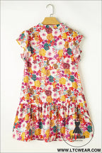 Purple floral print split neck ruffle mini dress - floral dresses