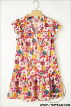 Purple floral print split neck ruffle mini dress - floral dresses