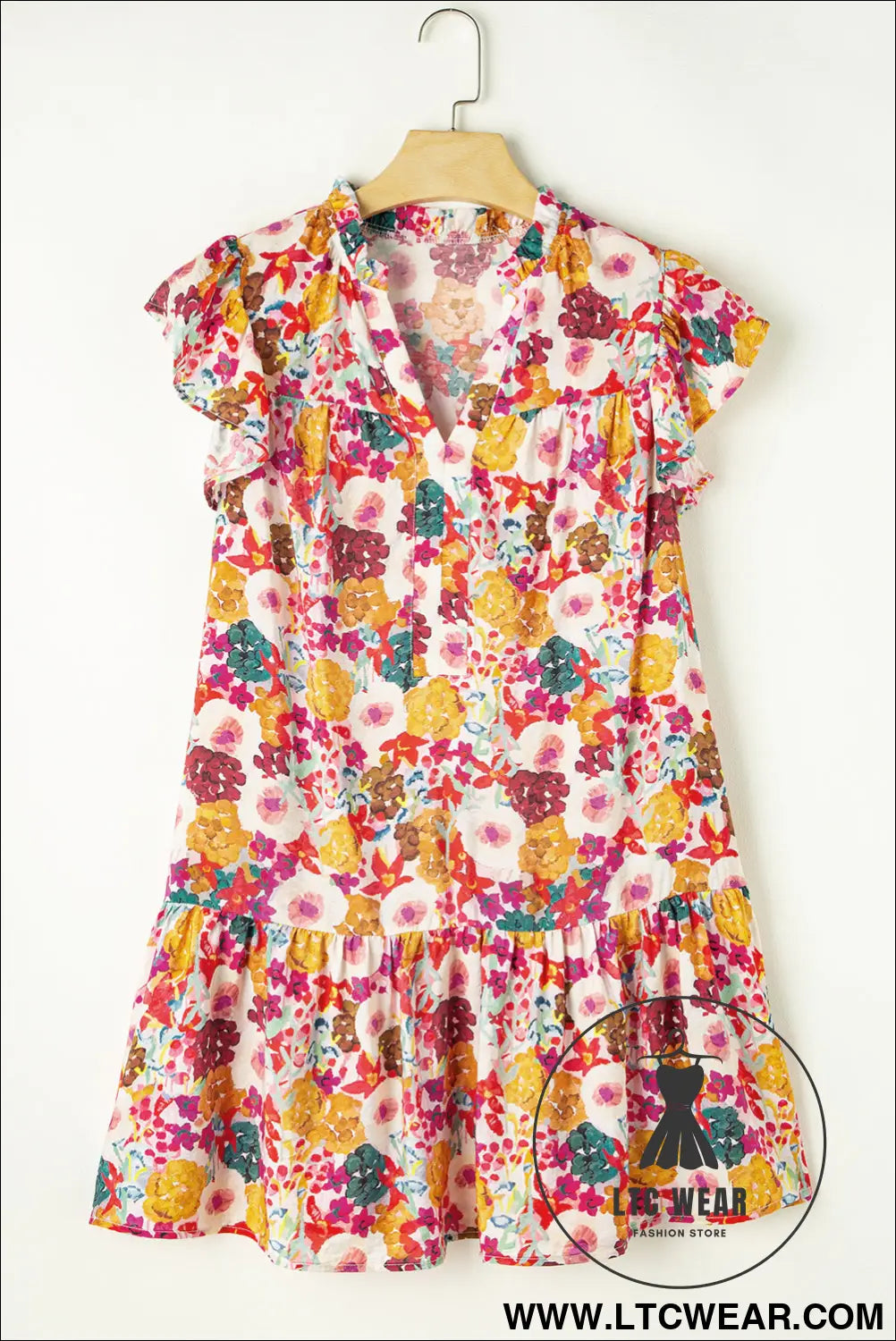 Purple floral print split neck ruffle mini dress - floral dresses