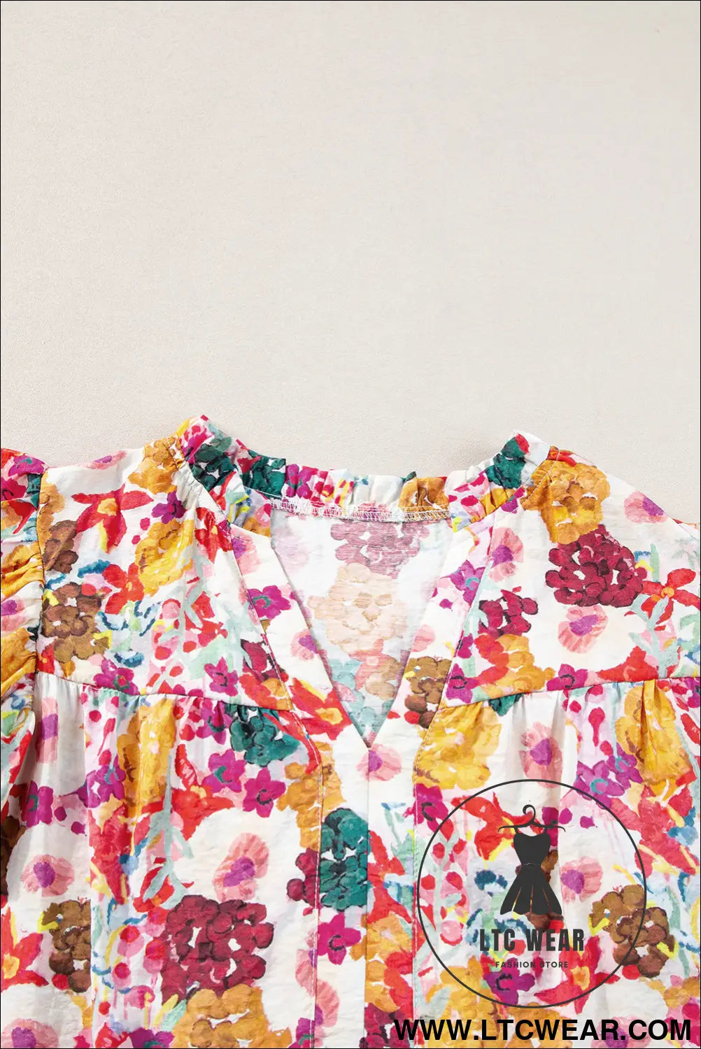 Purple floral print split neck ruffle mini dress - floral dresses