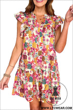 Purple floral print split neck ruffle mini dress - floral dresses
