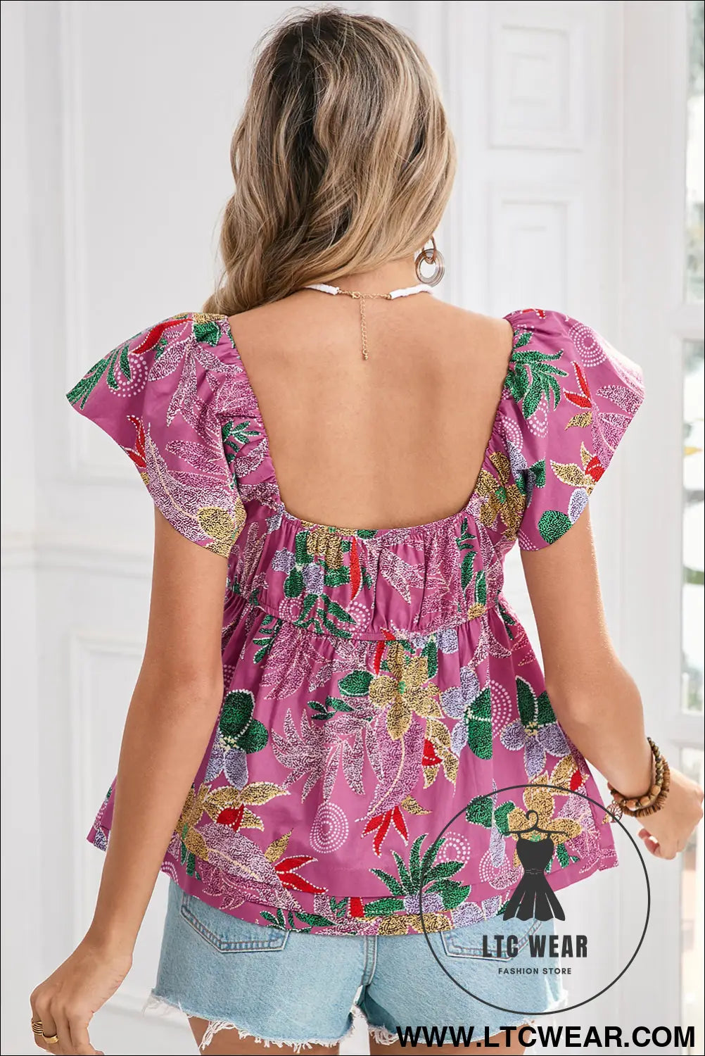 Purple floral print sweetheart neck flutter sleeve blouse - blouses & shirts