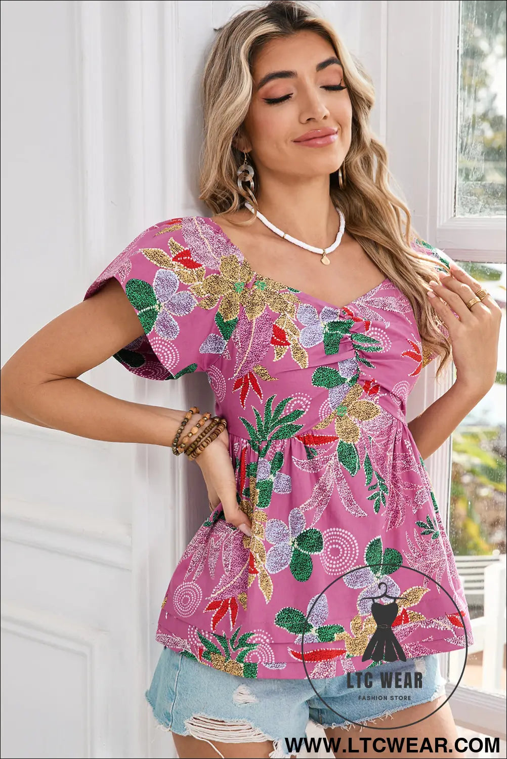 Purple floral print sweetheart neck flutter sleeve blouse - blouses & shirts