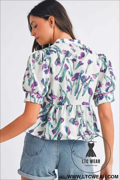 Purple Floral Ricrac Trim Puff Sleeve Peplum Blouse