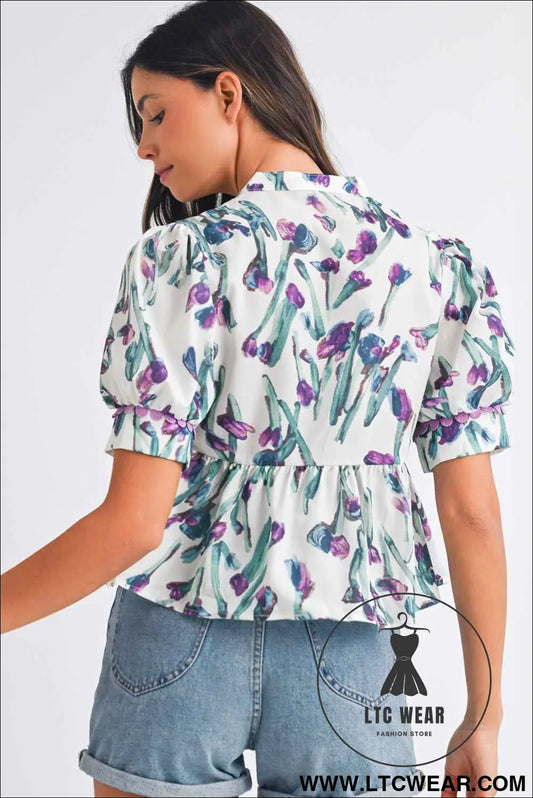 Purple Floral Ricrac Trim Puff Sleeve Peplum Blouse