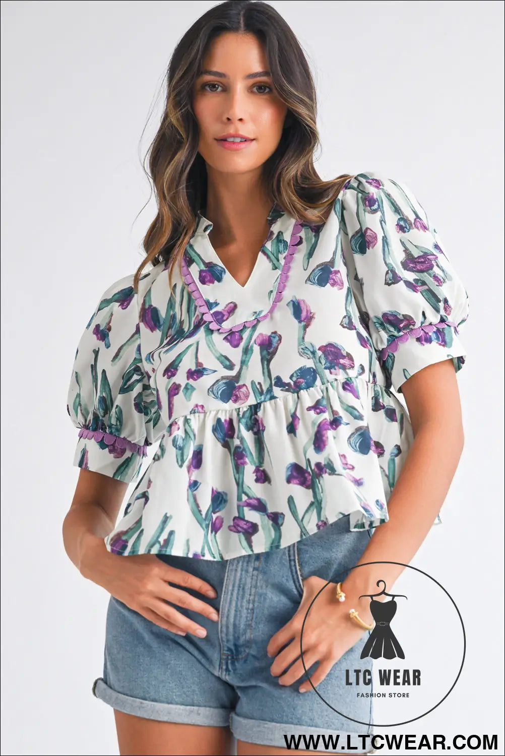 Purple Floral Ricrac Trim Puff Sleeve Peplum Blouse - L.T.C Wear Online Fashion Store
