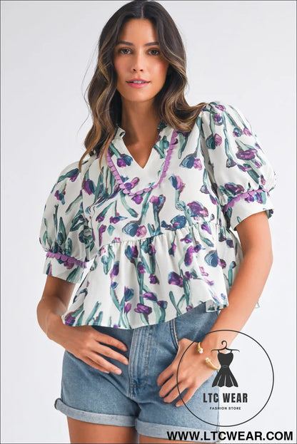 Purple Floral Ricrac Trim Puff Sleeve Peplum Blouse - L.T.C Wear Online Fashion Store