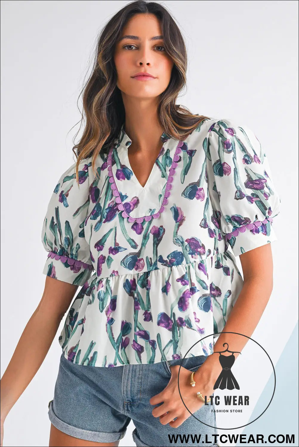 Purple Floral Ricrac Trim Puff Sleeve Peplum Blouse - L.T.C Wear Online Fashion Store