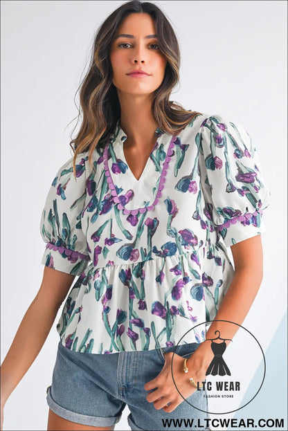 Purple Floral Ricrac Trim Puff Sleeve Peplum Blouse - L.T.C Wear Online Fashion Store