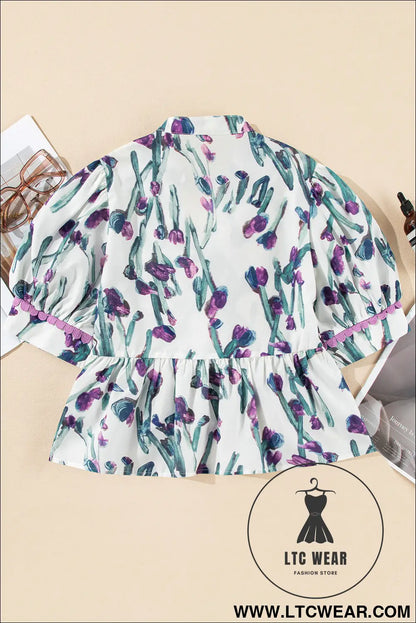 Purple Floral Ricrac Trim Puff Sleeve Peplum Blouse - L.T.C Wear Online Fashion Store
