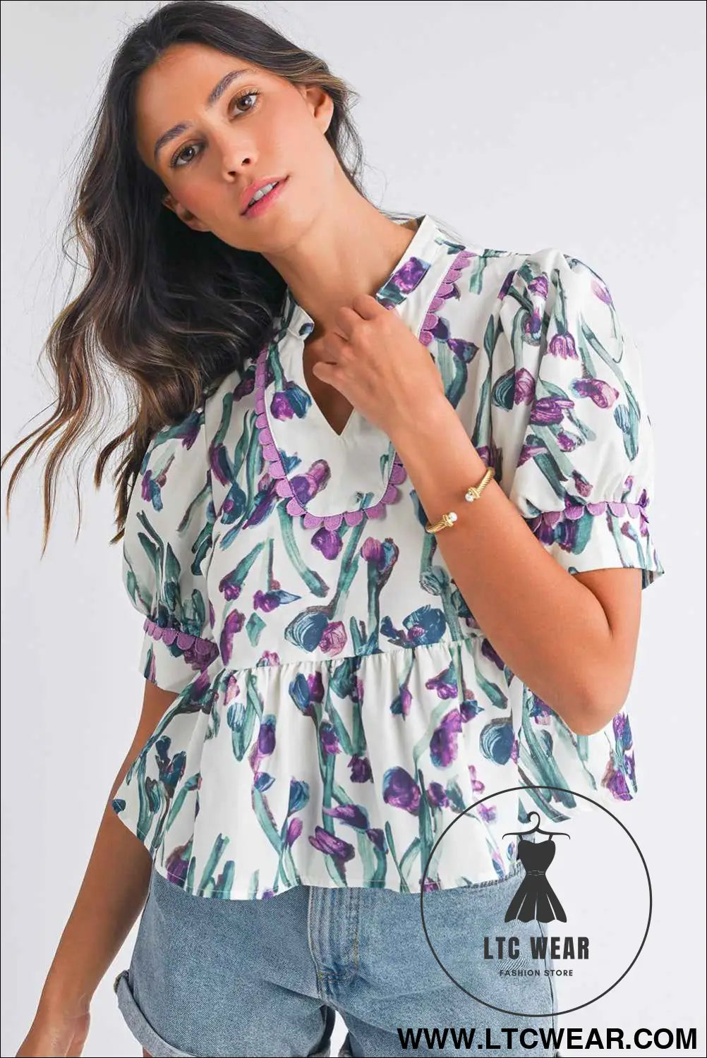 Purple Floral Ricrac Trim Puff Sleeve Peplum Blouse