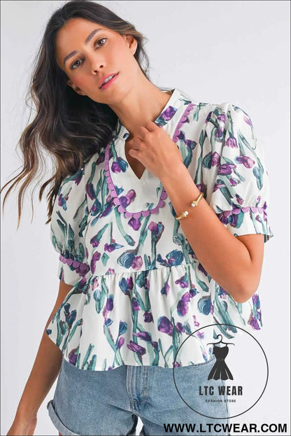 Purple Floral Ricrac Trim Puff Sleeve Peplum Blouse